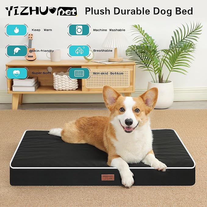 Dog Bed Mats for Large Dogs - Orthopedic Dog Pet Bed Thick Egg Foam Crate, Removable Washable Cover, Non-Slip Bottom Durable Dog Crate Bed Mat (Black, L(36''x27''x3''))