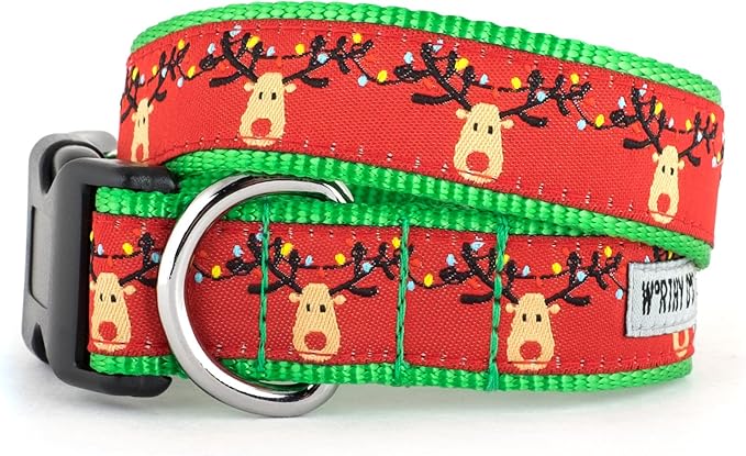 THE WORTHY DOG Adjustable Holiday Dog Collar for Large Dogs, Durable Nylon Webbing, Quick Release Buckle, Rudy Reindeer Christmas Pattern, Red, Large