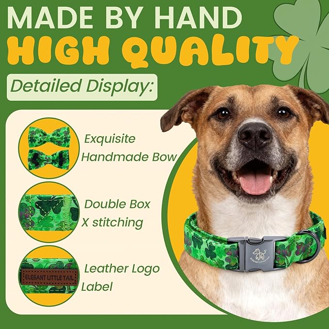 Elegant little tail St Patrick's Dog Collar - Green Lucky Clover Cotton Shamrock Pet Collar Bowtie Cute Collars with Bow Adjustable Pet Collars for Small Dogs