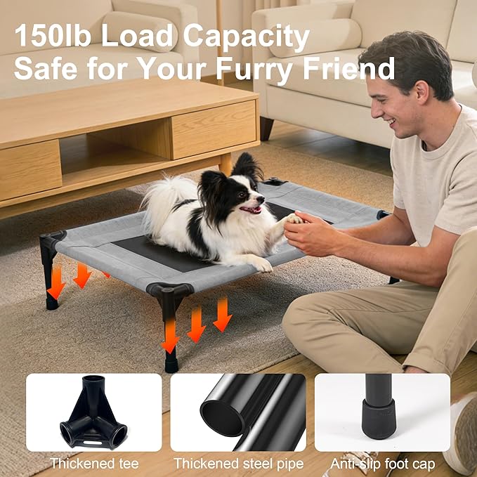 Outdoor Dog Bed, Raised Pet Cot for Medium and Large Dogs, Cooling Breathable Mesh, Durable Sturdy Frame, Washable Cover, Portable and Easy to Assemble Indoor/Outdoor Pet Bed, Grey, S
