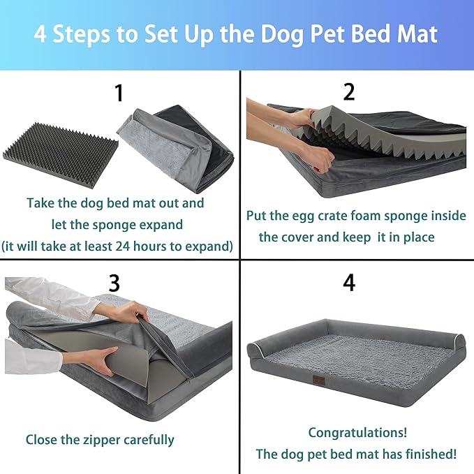 Orthopedic Dog Bed Waterproof Dog Beds for Large Dogs Deluxe Plush L-Shaped Dog Couch Beds with Egg Crate Foam Removable Washable Cover & Nonskid Bottom(Grey, XL(42''x30''x7.5''))