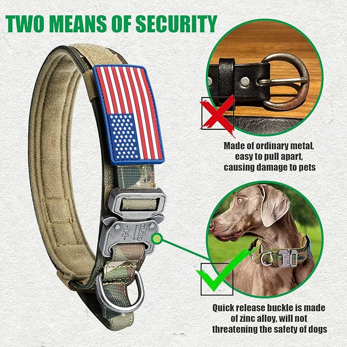 Tactical Military Collar - Adjustable Nylon, Heavy Duty Metal Buckle with Handle for Dog Training, with Patches (Camo, XL)