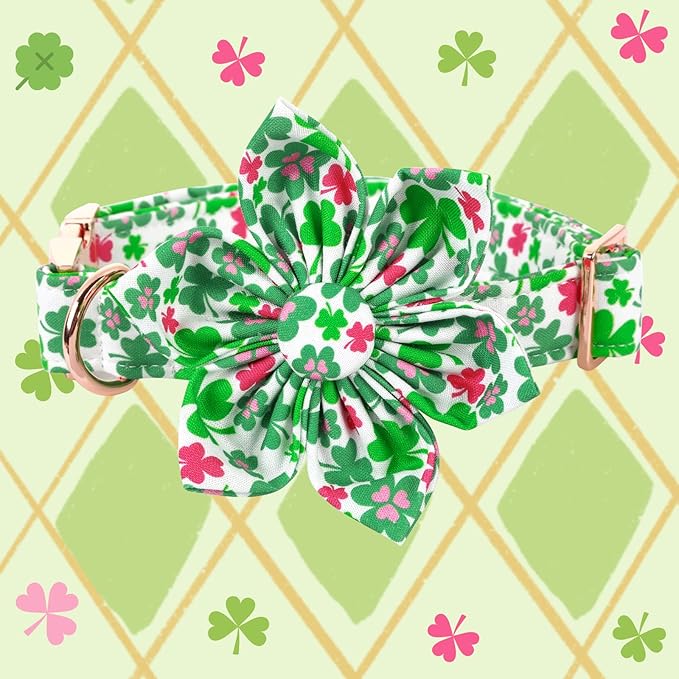 Elegant little tail St. Patrick's Dog Collar with Flower, Dog Collars Flowers Green Clover Girl Pet Gift Adjustable Pet Collars for Medium Dogs