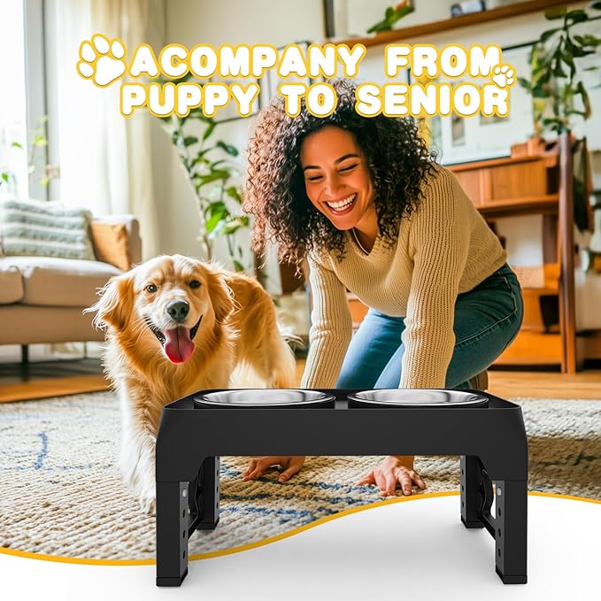 Elevated Dog Bowls for Medium Large Dogs - 5 Height Adjustable Mess Proof Raised Bowl Stand with 2 44oz Stainless Steel Food Bowls Dish Set Adjusts to 3.54’’-12.13’’ Non-Slip Black (DB-B)