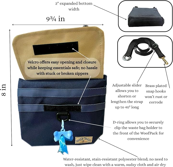 Waggin' Trails WoofPack Dog Walking Bag – Odor‑Controlled Poop Bag Holder with Storage for Treats, Phone & Keys – Navy/Tan
