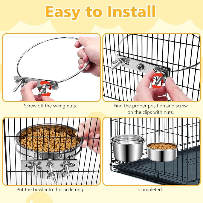 Large Dog Crate Water Bowl No Spill 2 Pack, Stainless Steel Dog Bowls for Food and Water, Pet Kennel Hanging Dogs Food Bowls for Medium/Large Dogs and Cats (7.1"x3.7" & 7.1"*2.6", Silver)
