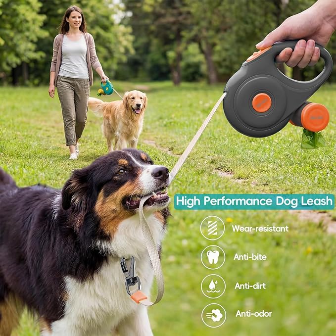 Retractable Dog Leash 16FT for Small & Medium Dogs, Sturdy Heavy-Duty Nylon Tape with Secure Locking Carabiner & Poop Bag Holder, Smooth One-Hand Control, Anti-Slip Handle, Tangle-Free Design (Black)