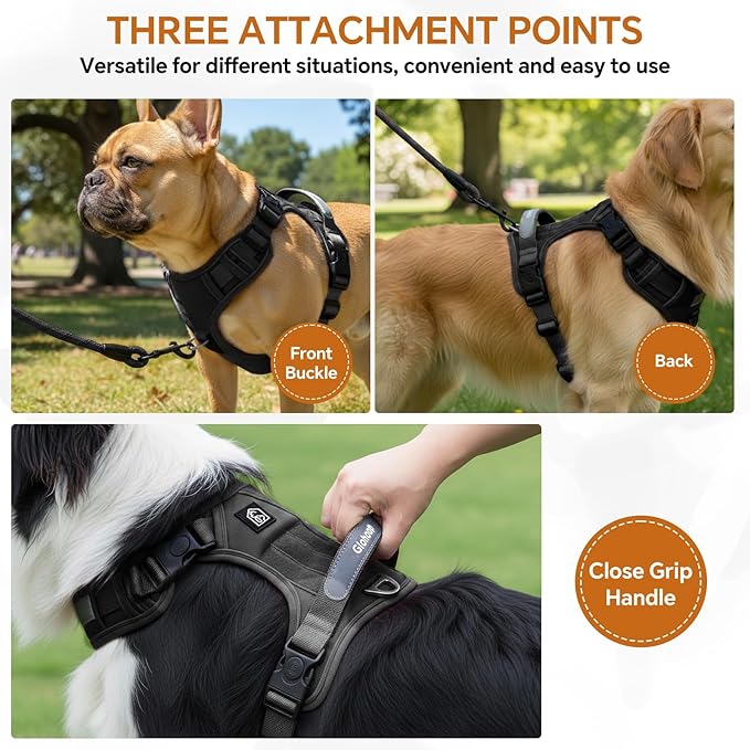 Heavy Duty Tactical Dog Harness for X-Large Dogs, No Pull Dog Harness with Handle & Front Clip, Reflective Soft Padded, Hook and Loop Panel, Dog Vest for Walking, Service Training, Black