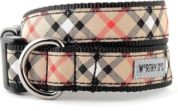 THE WORTHY DOG 5 FT Nylon Dog Leash for Medium to Large Dogs, Metal Quick Clip, Plaid Pattern, Tan, Large
