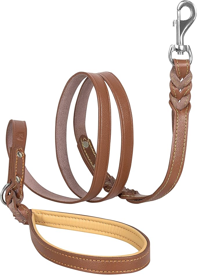 Riparo Leather Dog Leash 6ft with 2 Handles Padded Traffic Handle for Extra Control, Leather Dog Leashes for Large Breed Dogs Training Walking Heavy Duty Leashes for Dogs (Brown, L: 3/4" x6ft)