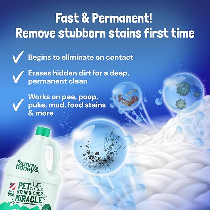Sunny & Honey Pet Stain Remover - For New and Deep-set Stains - Pet & Kid Safe Pet Enzyme Cleaner - Fast Acting Carpet Cleaner Spray for Rugs, Upholstery & Furniture (128 fl oz, Spring Mint)