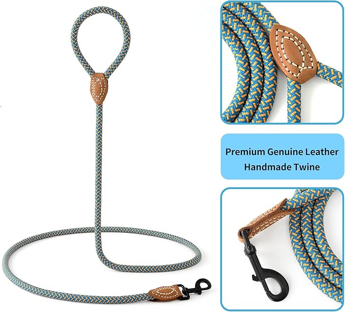 Mile High Life Rope Leash with Genuine Leather Connection, 6 FT/5 FT/4 FT, Heavy Duty Dog Leash for Medium & Large Dogs (Peacock Blue, 72 Inch)