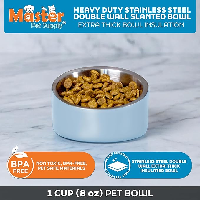 Master Pet Supply Stainless Steel Slanted Dog Cat Food Bowl - 8 oz Heavy Duty - Glacier Blue, Double Wall Insulated, Non-Slip Elevated Bowl for French Bulldogs Pugs Cats, Anti Rust Dishwasher Safe