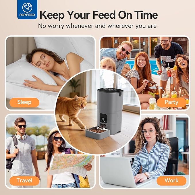 PAPIFEED Automatic Cat Feeder Upgrade, WiFi Pet Feeder with APP Control for Remote Feeding, Detachable for Easy Clean, Dual Power Supply,1-10 Meals Per Day for Multiple Pets(Gray)