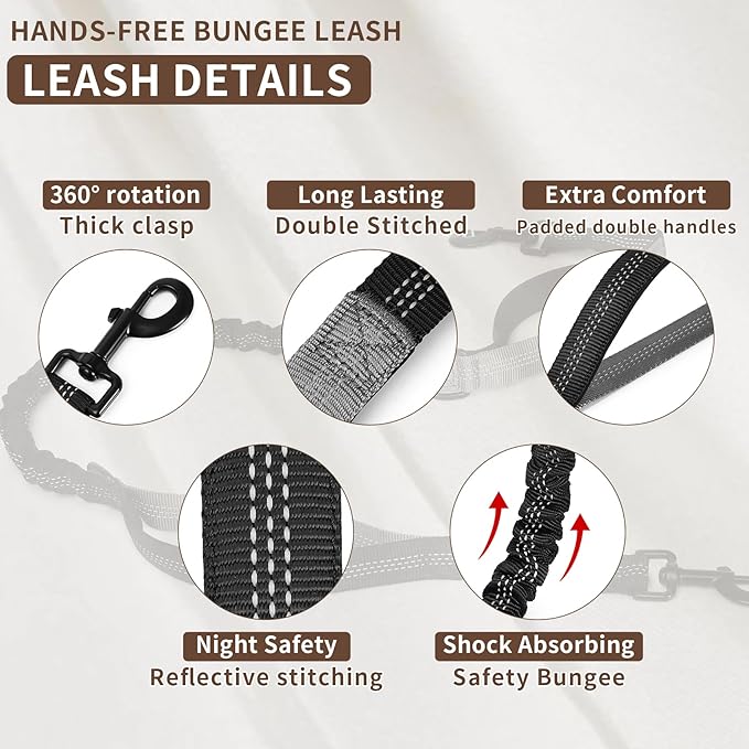 Tails & Tales Hands Free Dog Leash with Waist Pouch, Lumbar Support Upgraded, Bungee Reflective Leash, Adjustable Belt 25-55", Walking Running Hiking Training for Dogs Up to 125lbs (Gray, Two Dogs)