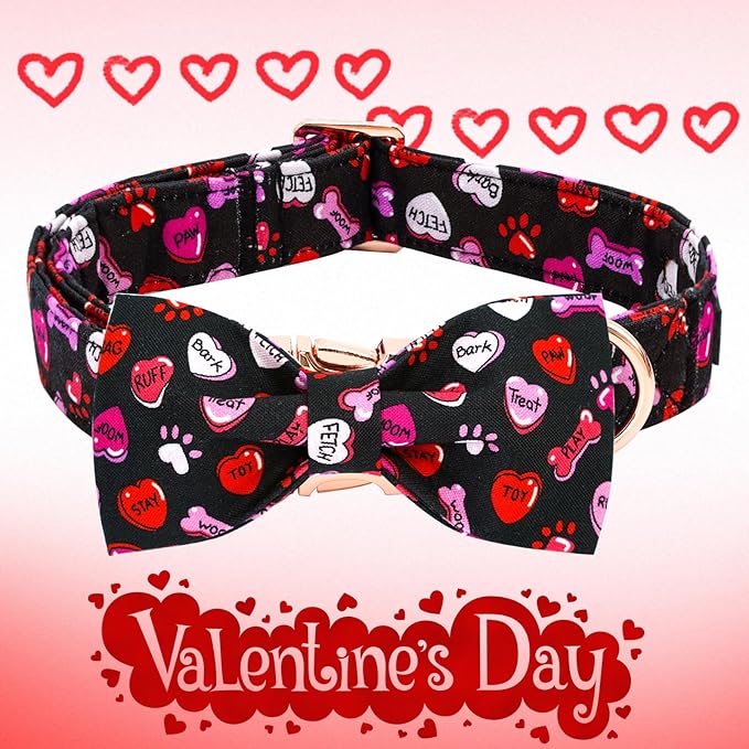 Elegant little tail Valentine's Dog Collar，Cute Heart Dog Collar with Bow Soft Pet Collar Female or Male Adjustable Cotton Pet Collars Puppy for Small Medium Large Dogs