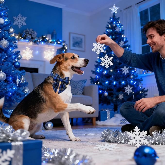 DOGWONG Christmas Dog Collar with Sailor Bow Tie, Blue Plaid Dog Collar Durable Metal Buckle Adjustable Blue Grid Dogs Collars for Small Dogs, XS