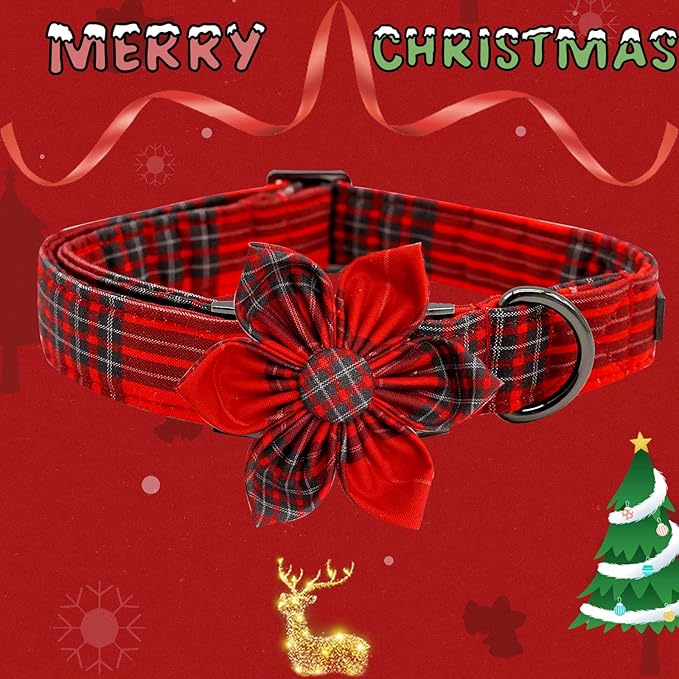 Elegant Little Tail Dog Collar with Flower & Plaid Pattern - Adjustable for Medium Dogs