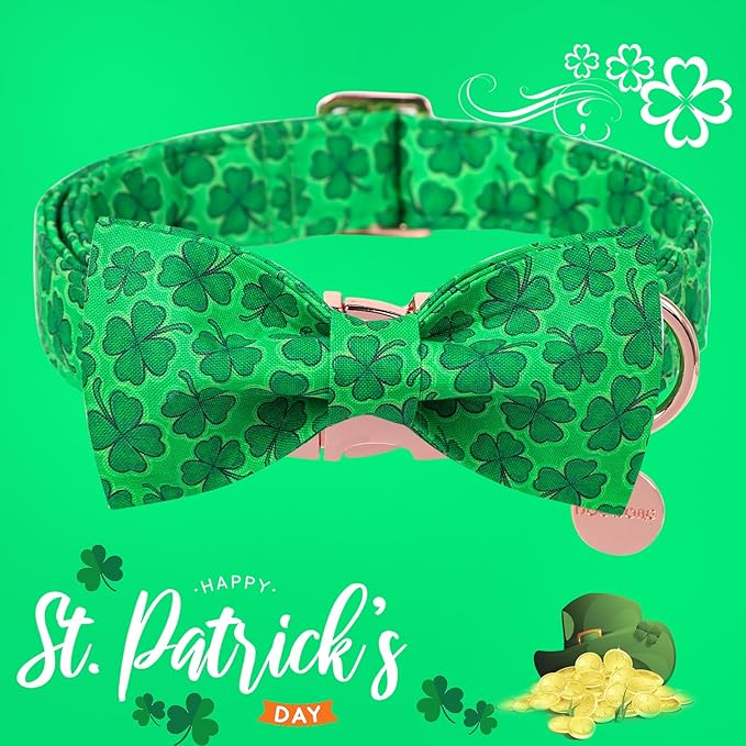 DOGWONG St. Patrick's Day Dog Collar-Cute Clovers Dog Collar with Bow, Cotton Trefoil Bowtie Dog Collars with Metal Buckle for Small Medium Large Dogs