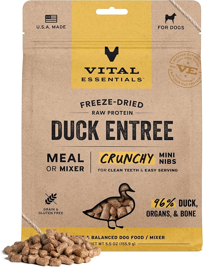 Vital Essentials Freeze Dried Dog Food, Raw Duck Crunchy Mini Nibs | Complete Meal or Mixer | High Protein, Low Carb, Grain Free, Dry Dog Food | 5.5 oz