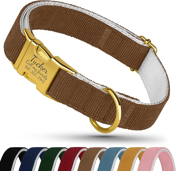 Personalized Dog Collar with Gold Metal Buckle, Velvet Custom Dog Collars for Small, Medium & Large Dogs – Puppy Collars with Metal Buckle, 4 Sizes, 8 Colors (Brown, L, 15"-19")