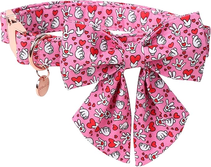 DOGWONG Valentine Dog Collar with Bow, Pink Heart Dog Collar Durable Soft Cotton Pet Dog Collar Cute Heart Valentines Day Puppy Necklace for Small Medium Large Dog