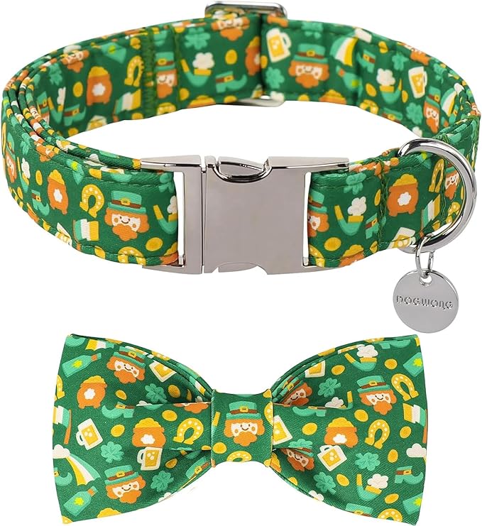 DOGWONG St Patrick Dog Bow Tie with Collar, Irish Holiday Shamrock Lucky Dog Collar for Boys and Girls Large Medium Pets Puppies