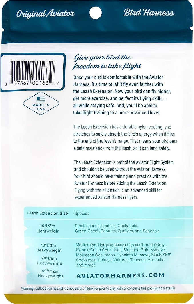 The Aviator Bird Harness Leash Extension: 10 Foot/3 Meter for Small to XX-Lar...