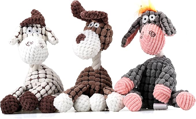 Squeaky Plush Dog Toys, 3 Pack Stuffed Animal Plush Chew Toys with Squeakers, Stuffed Dog, Donkey & Goat for Teeth Cleaning, for Small Medium Dogs