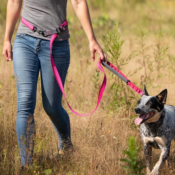 Cross Body Dog Leash - Waist or Shoulder Leash for Walking and Hiking with Medium and Large Dogs, Adjustable 4 to 6 FT Outdoor Bungee Lead with Traffic Handle by Nuvuq (18-120 lbs, Pink)