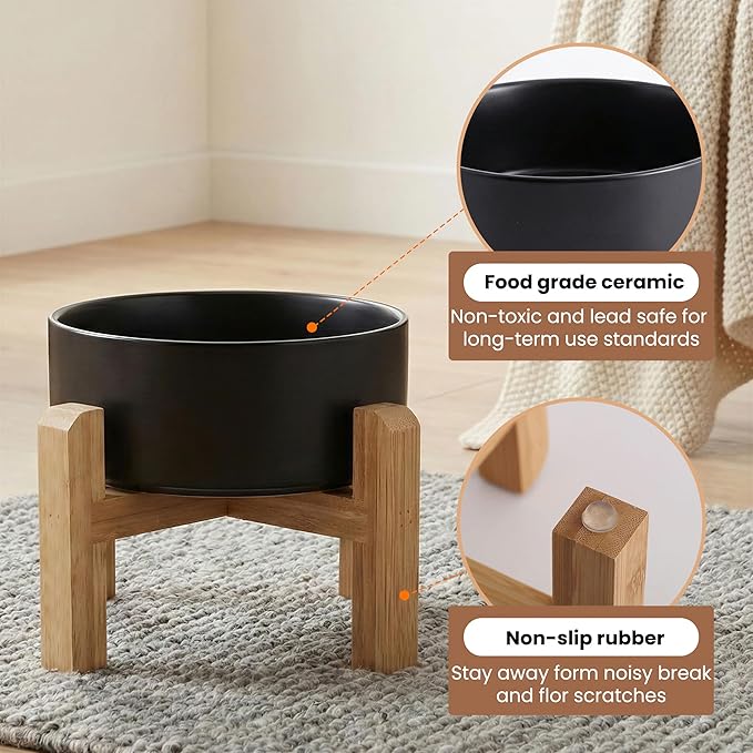 hjn Elevated Ceramic Dog Bowl with Bamboo Stand, Raised Pet Feeding Station for Small Medium Dogs Cats, Modern Design with Anti-Slip Base (Black, 7.6Cup)