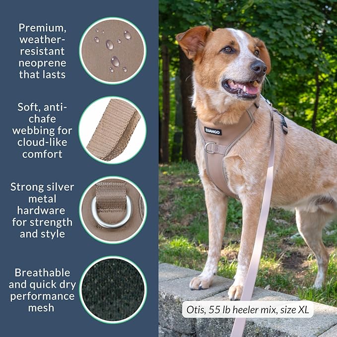 DJANGO Tahoe No Pull Dog Harness – Escape-Proof Dog Harness for Medium & Large Dogs with Front & Back Clips for Everyday Use – Adjustable, Padded, Reflective, Secure, Easy On/Off – Sandy Beige, Large