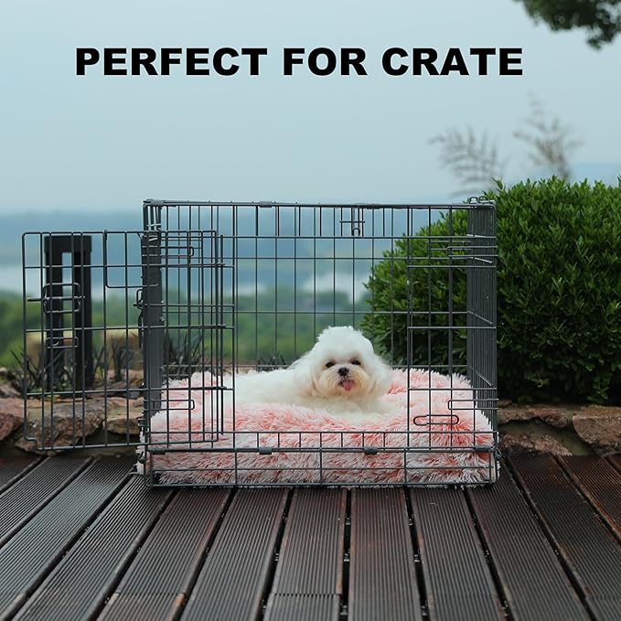 Bedfolks Plush Waterproof Dog Crate Bed, Removable Washable Cover, Faux Fur for Small Dogs & Cats, 23"x18", Pink