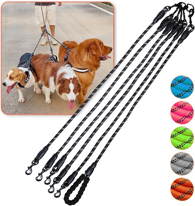 Five Dog Leash No Tangle Triple for 5 Dogs,360 Swivel No Tangle Walking Leash for 5 Dogs with Reflective for Large Medium Small Dogs (Black, 5 Way)