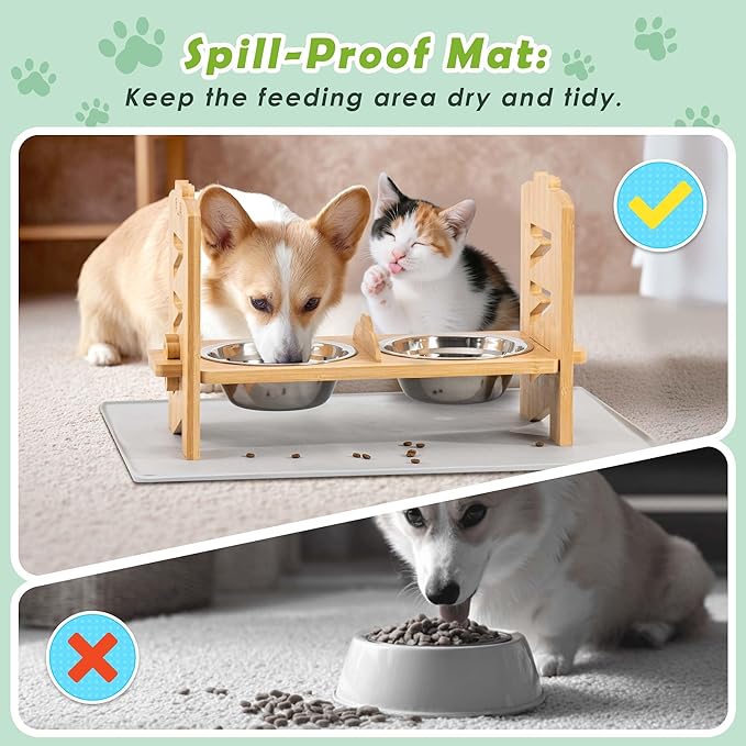 Lavievert Elevated Dog Bowls Stand with 6 Height Adjustable & Splash-Proof Mat - 2 Thick Stainless Steel Pet Food Bowls for Medium/Small Dogs - Raised Dogs & Cats Feeder with Waterproof Base