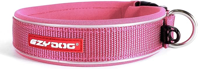 EzyDog Neo Dog Collar - Waterproof & Reflective Dog Collar with Soft Padded Neoprene for Comfort & Durable Nylon – Features Quick Release Buckle and Built-in ID Clip (Large, Pink)