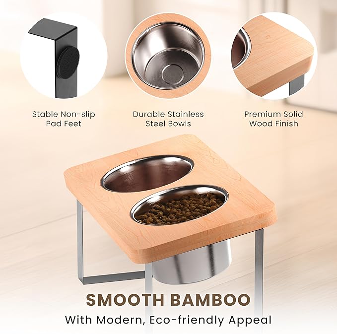 14" Tall Elevated Dog Bowls - Ergonomic Stainless Steel Dog Bowls with 10° Tilt in Bamboo Wood Stand for Tall & Large Breed
