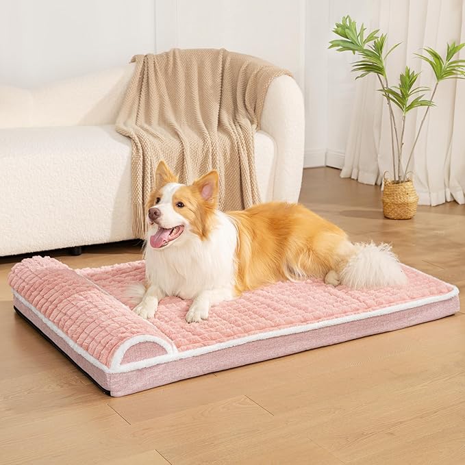 Orthopedic XL Dog Bed Large Sized Dog with Pillow 42''X28'', Waterproof Soft Comfortable Egg Crate Foam Pet Crate Beds Mat with Removable Washable Cover and Non-Slip Bottom, Pink