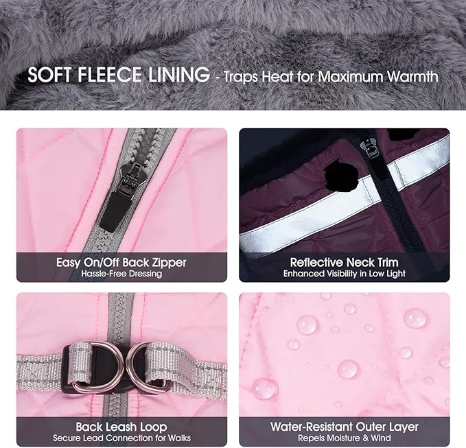 FUAMEY Dog Coat for Large Dogs,Waterproof Dog Winter Jacket with Harness Built in Puppy Cold Weather Coats Reflective Pet Vest with Zipper Warm Fleece Dogs Snowsuit Windproof Pink XL