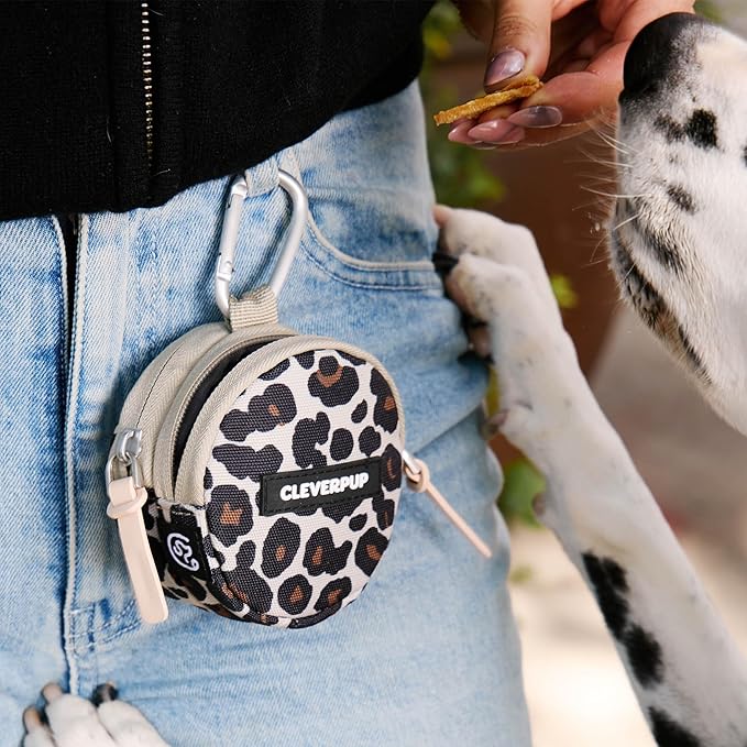 Cleverpup Snackpack Double Insulated Dog Treat Pouch – 1.5 Cup Capacity, 2 BPA-Free Waterproof Zipper Pockets, Carabiner for Belt/Leash – Compact Training & Travel Bag – Leopard