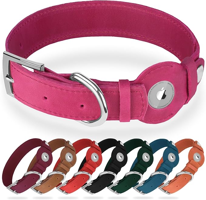 Leather Dog Collar with Airtag Holder - Apple Air Tag Dog Collars - Soft Tracking GPS Pet Collar for Small Medium Large Dogs Breed Puppy (Pink, XL, 19"-24" Neck Fit)