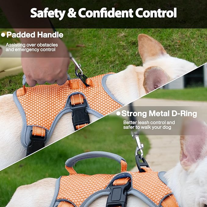 Huntboo Escape Proof Dog Harness, Escape Artist Harness, Reflective Dog Harness with Handle, Durable,Adjustable Vest for Small Medium Large Dogs Walking, Training, and Running Gear(Orange,L)