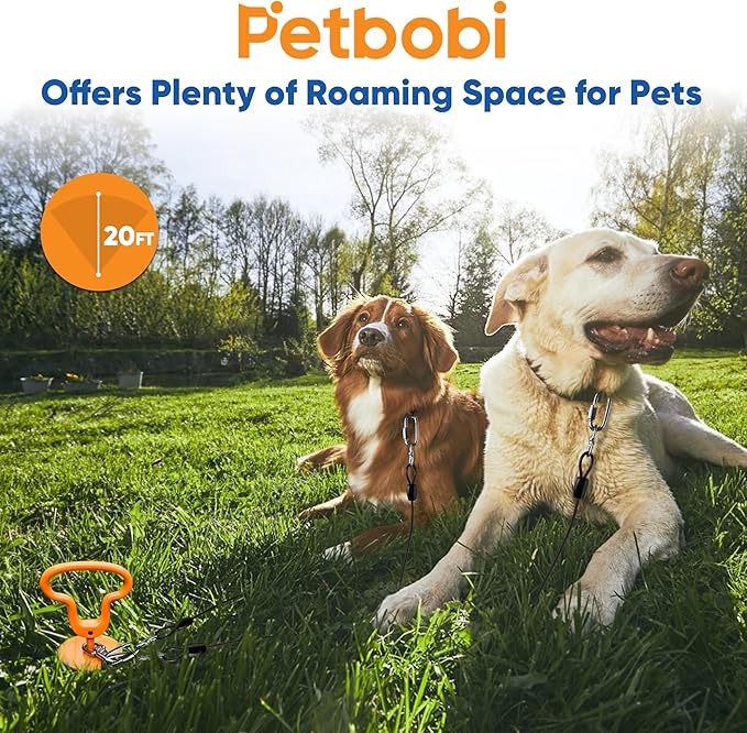 Petbobi Heavy Duty Dog Tie Out Cable and Stake - 20FT Steel Wire Dog Leads for Large Dogs Up to 300lbs, Anti Rust Spiral Stake with Strong Leash & 360° Swivel Hooks - Ideal for Yard, Outdoor & Camping