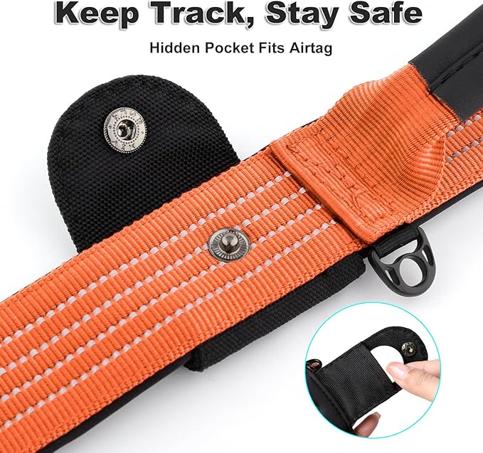 Plutus Pet Tactical Dog Collar with Tracker Pocket for AirTag, Adjustable Reflective Nylon Collar, Metal Buckle, Leather-Wrapped Handle, Soft Padded for Medium Large Dogs (Orange, M)