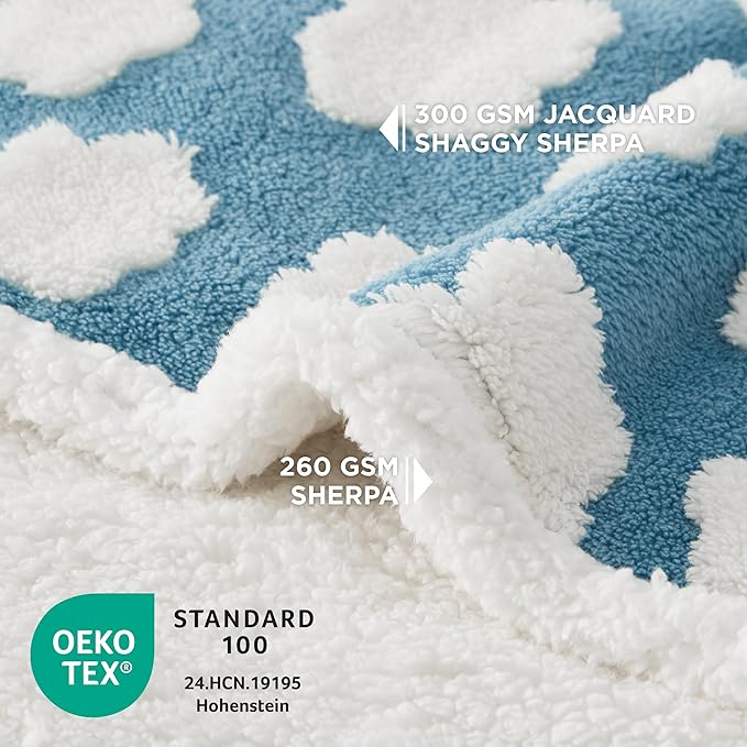 LE SURE Waterproof Dog Blanket for Large Dogs - Washable Double Sided Dog Blankets with Warm Jacquard Shag and Soft Sherpa Fleece, Pet Cat Blanket for Couch Protection, 3D Textured Cloud, Blue