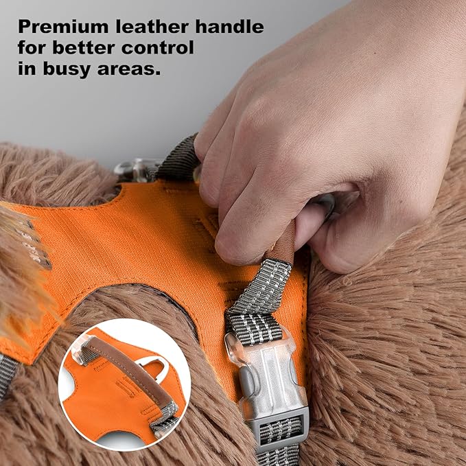 No Pull Dog Harness – Adjustable Reflective Nylon Vest for Small Medium Large Dogs, Escape Proof Training Harness with Leather Control Handle, Lightweight Aluminum Hardware (Orange, M)