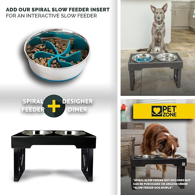 Pet Zone Elevated Dog Bowls Designer Diner 3 Height Adjustable Raised Dog Bowl Stand with 2 Stainless Steel Bowls (7 Cup Capacity Each)