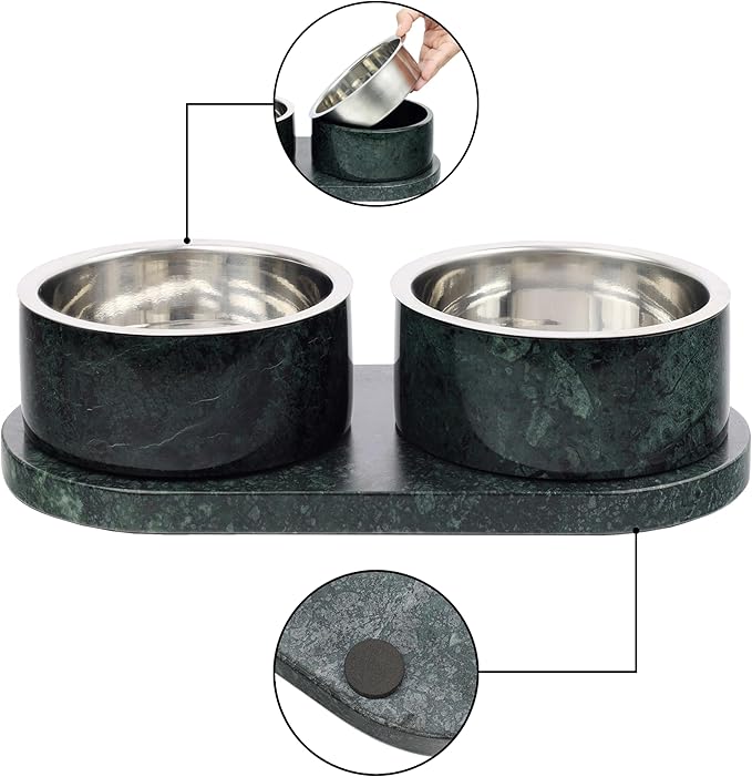 DBL1000A Marbre Small/Medium Modern Weighted Double Marble and Stainless Steel Bowl 12oz (1.5 Cups) Feeder with Non-Slip Marble Tray Set, Green
