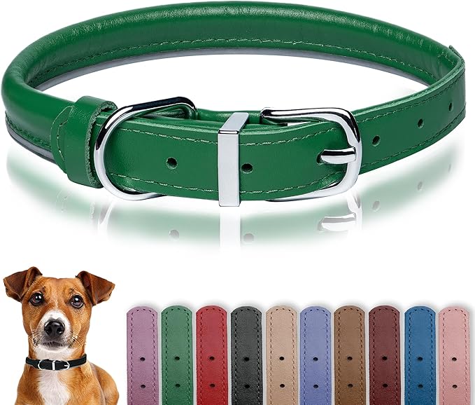 OOPSDOGGY Rolled Leather Dog Collar Reflective Roll Collars for Small Medium Large Dogs Puppy (Green, XXL, 20'' - 24'')