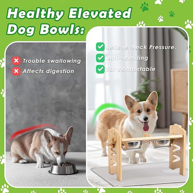 Lavievert Elevated Dog Bowls Stand with 6 Height Adjustable & Splash-Proof Mat - 2 Thick Stainless Steel Pet Food Bowls for Medium/Small Dogs - Raised Dogs & Cats Feeder with Waterproof Base